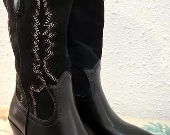 Eco Leather Boots, Woman Black Casual Boots, Retro Ladies, Vintage Cowgirl Boots, Texan Western, Am Tribal Shoes Female