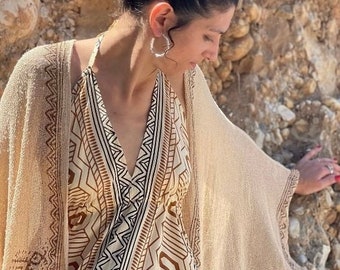 Raw Cotton Kimono, Bohemian Block Printed, Summer Beach Dress, Boho Kimono, Summer Beach Kimono, Earthy Clothing