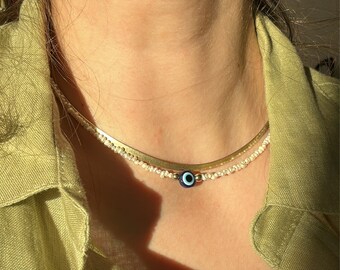 Evil Eye necklace, Freshwater pearls beaded evil eye choker, Seed bead choker, Rice pearl choker