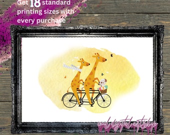 Könnte beinhalten: Zwei Giraffen fahren zusammen Fahrrad. Die Giraffen sind gelb mit braunen Flecken und haben lange Hälse. Das Fahrrad ist rot mit weißen Reifen. Ein kleiner Hund mit einem Blumenkorb sitzt hinten auf dem Fahrrad. Der Hintergrund ist ein gelber Aquarell-Wasch.