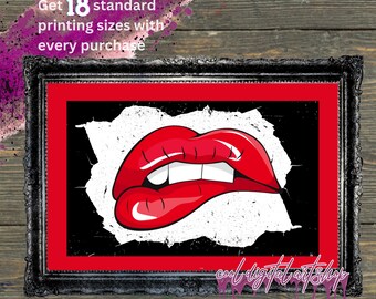 Biting Red Lips Pop Art. Modern Lips digital wall art. Cool Bedroom artwork. Red Printable wall art. Digital downloads Modern art Lips