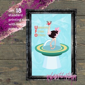 Cute Ostrich Spaceship digital wall art. Whimsical digital art for child&#39;s room. Funny Unique colorful printable wall art for nursery.