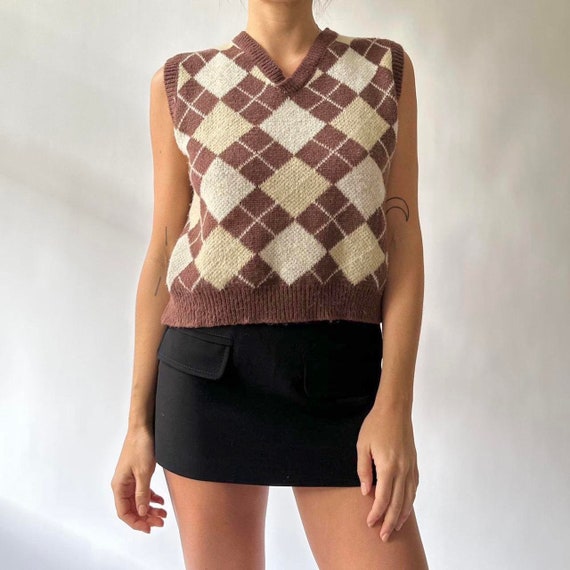 Vintage 00s Brown u0026 Tan Argyle Fuzzy Sweater Vest - Etsy