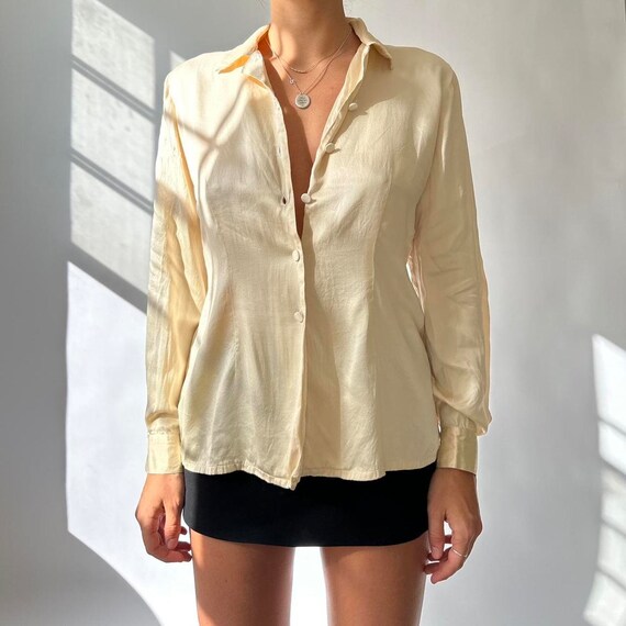 Vintage silk off white long sleeve button up blou… - image 3