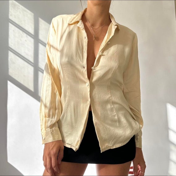 Vintage silk off white long sleeve button up blou… - image 2