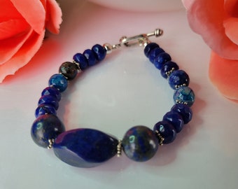Lapiz lazuli Blue Agate. 925 Sterling Silver Toggle Clasp About 7" Long Bracelet