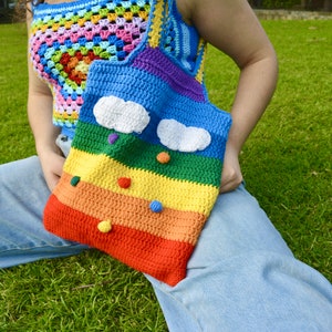 Crochet Pride Tote Bag Rainbow Shoulder bag for school