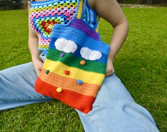 Crochet Pride Tote Bag Rainbow Bolso de hombro para la escuela