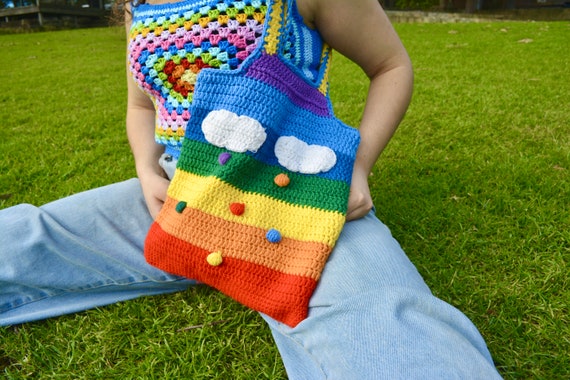 Crochet Pride Tote Bag Rainbow Shoulder Bag for School 