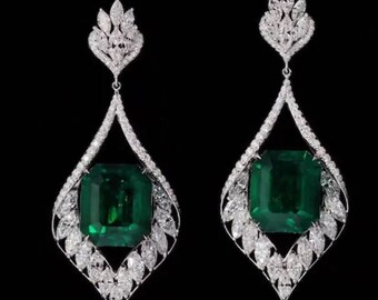 Pendants d'oreilles émeraude, longues boucles d'oreilles de mariage, boucles d'oreilles émeraude verte 2,5 carats, or blanc 14 carats, boucles d'oreilles pendantes en or, cadeaux de mariage pour femme