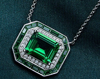 Emerald Necklace, Necklaces For Women, Personalized Necklace, 3.1 Ct Emerald Necklace, 14K White Gold, Pendant, Gifts For Mom