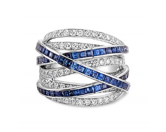 Alianza de boda de zafiro y diamantes, anillo cruzado entrecruzado, anillo de zafiro azul de 2,73 qt, oro blanco de 14 qt, anillo de boda cruzado, regalos para mamá