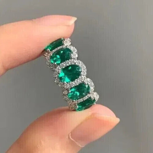 Emerald Ring, Eternity Band, Wedding Band For Her, Gift Engagement Ring, 14K White Gold, 2.2 Ct Diamond Ring, Silver Rings