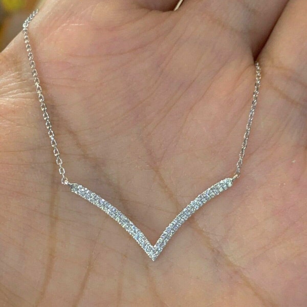 Chevron Halskette, Braut Hochzeit Halskette, Halsketten für Frauen, 2,2 Karat Diamant Halskette, 14K Weißgold, Anhänger mit Kette, Geschenke für Mama