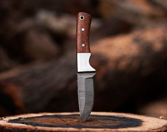Handcrafted Damascus Steel Skinning Knife: Rose Wood Handle, Leather Sheath