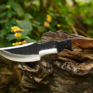 Puede incluir: Un cuchillo de caza negro y plateado con mango de madera. El cuchillo est&aacute; apoyado en un trozo de madera desgastada.