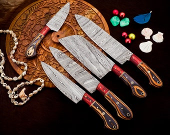 Handforged Damascus Chef Set of 5 pieces, Chef Knife set High Quality, Full Kitchen Chef Knife Set Free Leather Roll, Perfect Gift for love