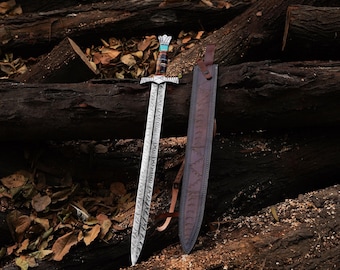 Hand Forged Damascus Steel Viking Sword | Handmade Medieval Replica with Scabbard | Unique Christmas Gift for Him, Collectors & Enthusiasts