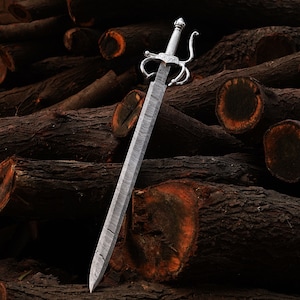 Famous Replica Of Zorro Sword Ocean Current Pattern Damascus Steel Blade Medieval Long Sword With Hilt-Scabbard & Leather Cover-Gift for Him