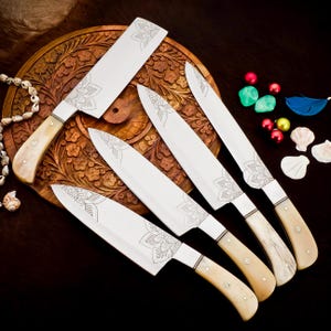New Handmade Stainless Steel Chef Knife Set Of 5 Pcs Bone Handle Gift For Father Handmade Kitchen Knife Groomsmen Wedding Gift For Her / Him