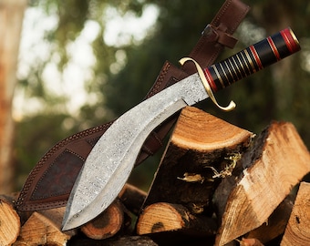 Handmade Damascus Steel Kukri Knife: Densified Wood Handle, Leather Sheath