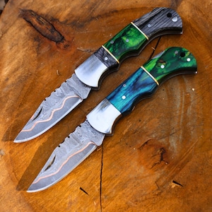 Beautiful Folding Knife Pair | COPPER Damascus HANDMADE | Copper Pocket Knife Color Wood Handle Personalized Copper Best Gift for him/her