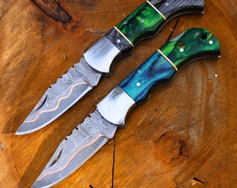 Handmade Copper Damascus Folding Knife Pair: Pakka Wood Handle