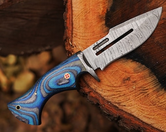 10" Handmade Damascus Bowie Knife, Beautiful Hunting knife, Hand forged Damascus steel knife Non slip Color wood handle leather sheath Gifts