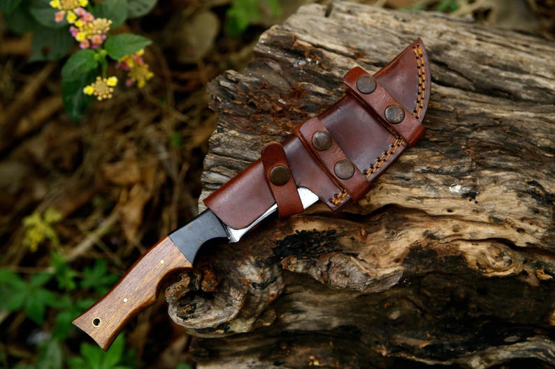 Puede incluir: Una funda de cuero marr&oacute;n con costuras y broches met&aacute;licos contiene un cuchillo con mango negro y mango de madera. El cuchillo y la funda est&aacute;n apoyados sobre un trozo de madera desgastada.