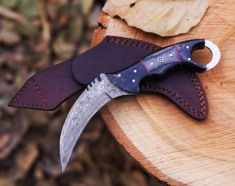 Cuchillo plegable personalizado hecho a mano, cuchillo Karambit de doble filo con acero de Damasco y funda de cuero, regalo de Año Nuevo para niños y niñas.