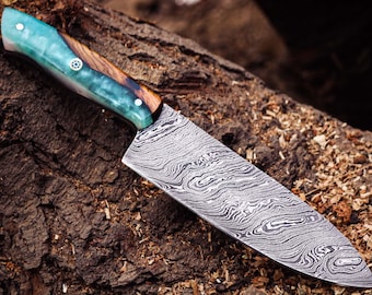 Hand Forged Damascus Chef Knife: Epoxy Resin & Olive Wood Handle