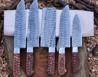 Hand Forged Damascus Steel Chef Knife Set - Rosewood Handle, 5-Piece