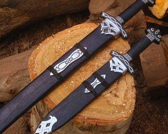 Handmade Damascus Steel Viking Sword Set | Forged Pair Swords 38" & 17" with Wooden Scabbard | Medieval Collectible Gift for Him