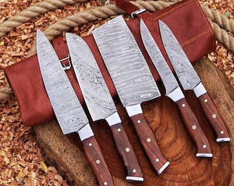 Hand Forged Damascus Steel Chef Knife Set - Rosewood Handle, Leather Bag
