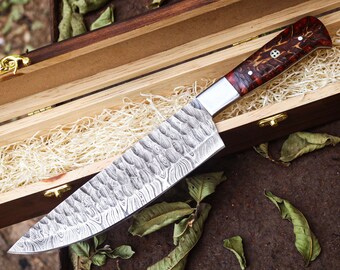 Cuchillo de chef Damasco personalizado de 8'', cuchillo de cocina forjado a mano con mango único, regalo único de Navidad, regalo de boda, regalo de aniversario