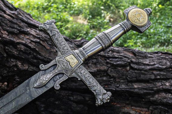 King Solomon Handmade Sword with Stainless Steel Medieval Sword Cosplay with Leather Sheath Legendary King Sword Gift for Sword Collectors