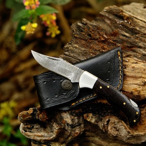 Damascus Pocket folding Knife with Wenge Wood Handle Hunting knife with Leather Sheath Gift for Christmas Gift for New Year gift for Boys