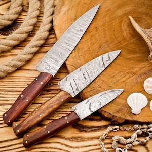 Handmade Damascus Chef Knife Set: Rosewood Handle, Kitchen Knives with Leather Sheath