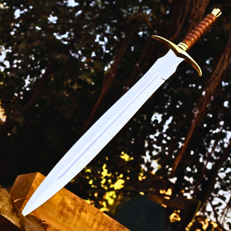 Pu&ograve; includere: Una spada d'argento con un'impugnatura avvolta in pelle marrone e dettagli dorati. La spada &egrave; affilata e ha una lama lunga.