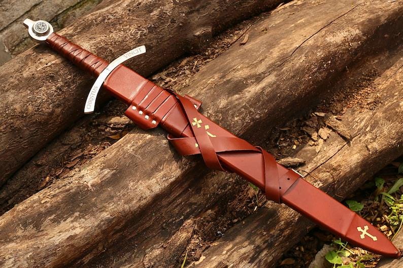 Templar Sword Gift for Men, Handmade Medieval Replica, Engraved Knight Collectible for Cosplay, Display & Fantasy Decor, Gift for Christmas Sword + 2 Belt Cover