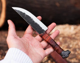 Odin's Raven Norse Wolf Head Viking-styled Knife|Hand Forged Blade, Raven's Head Hilt|Unique Medieval Seax Style Knife for Hunting &Camping.