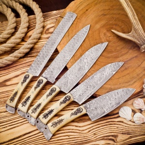 Handmade Damascus Steel Chef set Of 5pcs With Leather Sheath & Wooden Box, Full Kitchen Knife Set, Damascus Chef Set, Newly Design