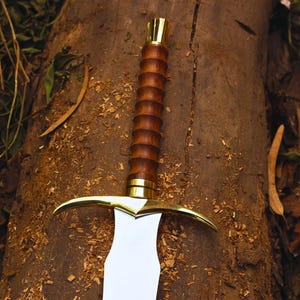 Pu&ograve; includere: Una spada con un manico in legno e una guardia dorata. La lama &egrave; argentata e ha una punta affilata. La spada &egrave; appoggiata su una superficie di legno.