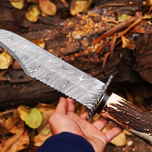 Handmade Damascus Hunting Knife Stag Horn Handle, Anniversary Gift Groomsmen Gift for Dad Gift for Husband Gift for boyfriend Christmas Gift