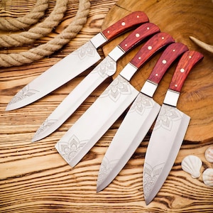 New Handmade Stainless Steel Chef Knife Set Of 5 Pcs Red Padauk Wood Handle Gift For Father Handmade Kitchen Knife Groomsmen  Gift For Her