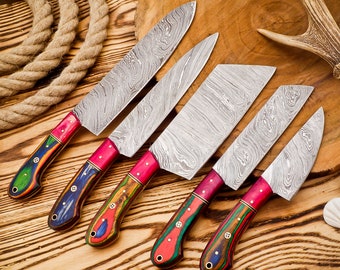 Handmade Damascus Steel Chef set Of 5pcs With Leather Sheath & Wooden Box, Full Kitchen Knife Set, Damascus Chef Set, Newly Design