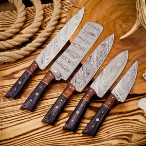 Handmade Damascus Steel Chef set Of 5pcs With Leather Sheath & Wooden Box, Full Kitchen Knife Set, Damascus Chef Set, Newly Design