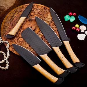 Handmade Kitchen knife, Chef set carbon steel handmade gift for him kitchen set meat knife outdoor knife high sharp blade with leather sheet