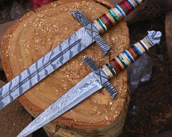 Handmade Attractive Pair Viking Sword Replica Set High Quality Damascus Steel with wooden Scabbard Gift for Women & men Gift for Girlfriend