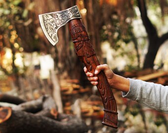 Vikings Axe Handmade Etched Ash Wood Handle Custom Axes with Carbon Steel Attractive Axe Perfect Gift for Birthday Gift for Anniversary
